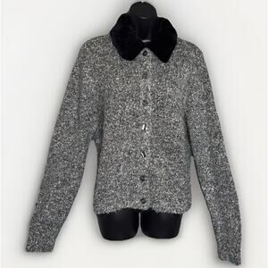 NWOT Samantha Taylor VTG Mohair Blend MED Faux Fur Marled Gray Cardigan Sweater